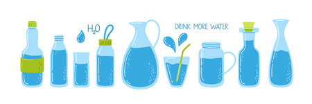 Stay hydrated with a variety of water containers and tips for drinking more water dailyのイラスト素材