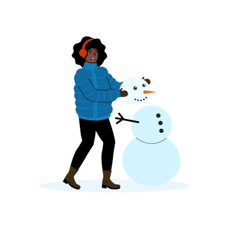 Creating a snowman with a smile on a winter day in a snowy landscapeのイラスト素材