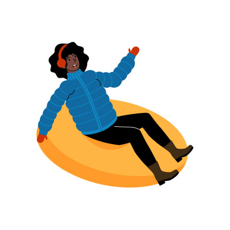 Young woman enjoying winter fun while sledding down a snowy hill in warm clothingのイラスト素材