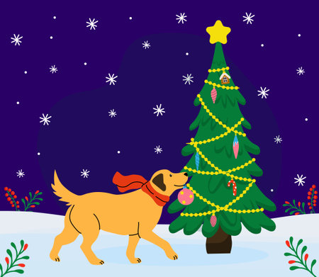 Golden retriever admires Christmas tree in snowy winter night settingのイラスト素材
