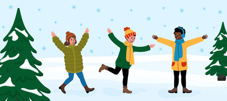 Children enjoying a winter day playing in the snow with trees and snowflakes aroundのイラスト素材