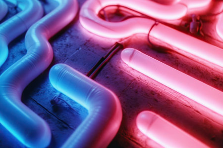 Neon lights create vibrant patterns on a concrete surface in a dimly lit spaceの素材