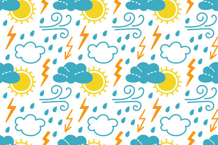 Colorful weather pattern featuring sun, clouds, rain, and lightning in a playful design