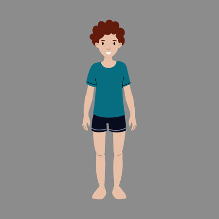 Cartoon boy with curly hair standing barefoot against a grey backgroundのイラスト素材