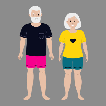 Cartoon couple enjoying summer beach day in casual swimwear and bright colorsのイラスト素材