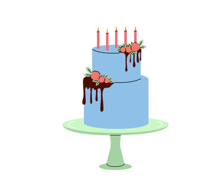 Elegant blue cake with candles and floral decorations for a celebration occasion