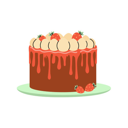 Decadent chocolate cake with strawberries and cream on a green plateのイラスト素材