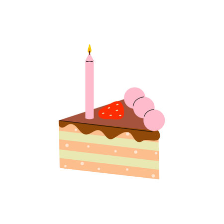 Colorful slice of cake with candle and strawberries on top for a birthday celebration