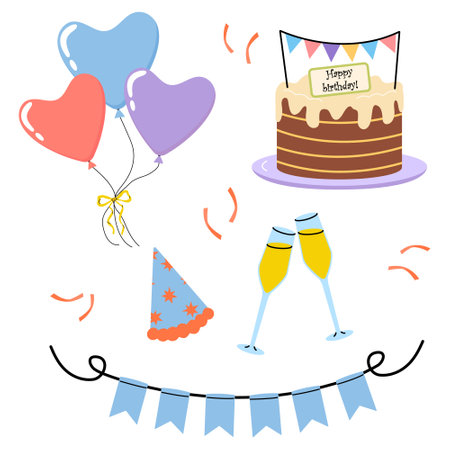 Celebrate a joyful birthday party with decorations, cakes, and balloonsのイラスト素材