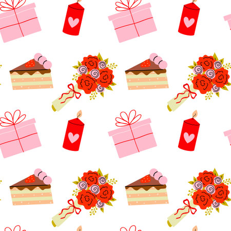 Colorful pattern featuring gifts, flowers, cake, and candles for celebrationsのイラスト素材