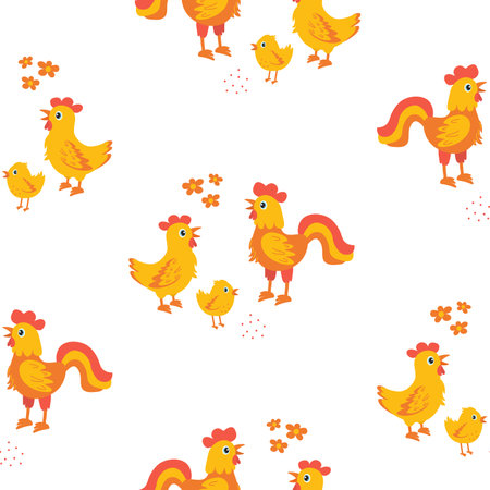 Colorful farmyard poultry pattern with chickens and roosters on a white backgroundのイラスト素材