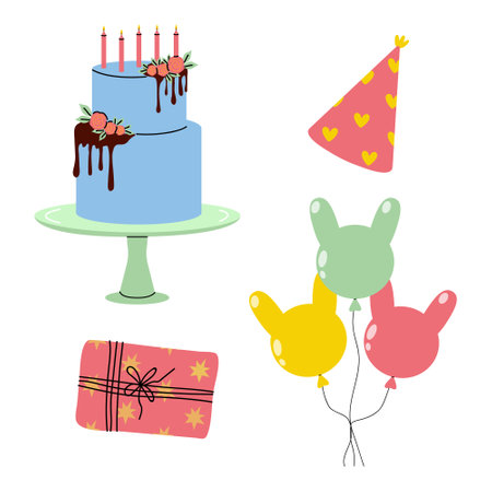 Celebration elements featuring a cake, balloons, party hat, and gift on a colorful backdropのイラスト素材