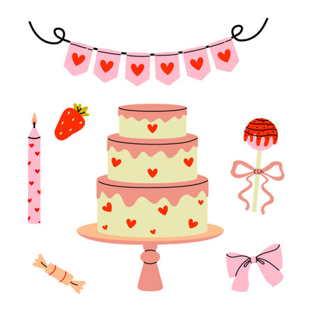 Decorated cake with hearts and festive elements for a celebrationのイラスト素材