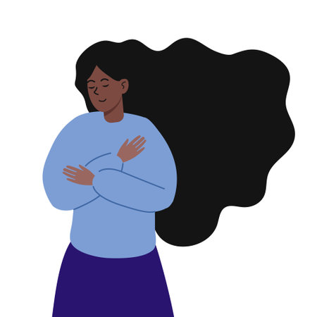 Woman embracing herself with long flowing hair in a minimalistic settingのイラスト素材