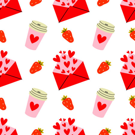 Fun and colorful pattern featuring hearts, strawberries, and love letters ideal for celebrationsのイラスト素材