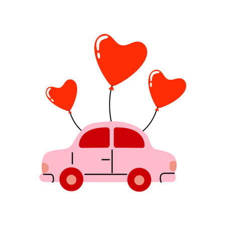 Car with heart-shaped balloons on a sunny day, symbolizing love and celebrationのイラスト素材