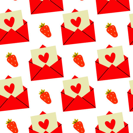 Colorful pattern of red envelopes with heart cards and strawberries on a white backgroundのイラスト素材