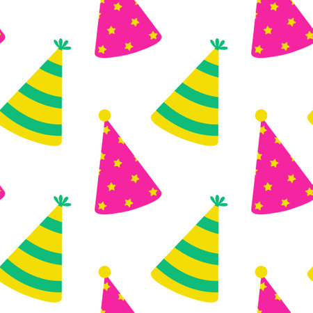 Colorful party hats create a festive pattern suitable for celebrations and gatheringsのイラスト素材