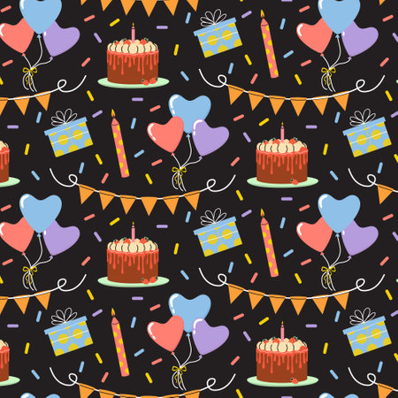 Colorful birthday celebration pattern featuring cake, balloons, and gifts in a festive designのイラスト素材