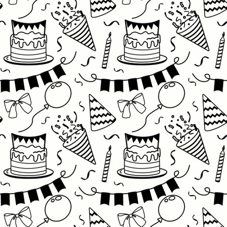 Celebratory patterns featuring cakes, balloons, and party hats for festive occasionsのイラスト素材