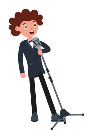 Animated character performing on stage with a microphone and stylish attire during a comedy nightのイラスト素材