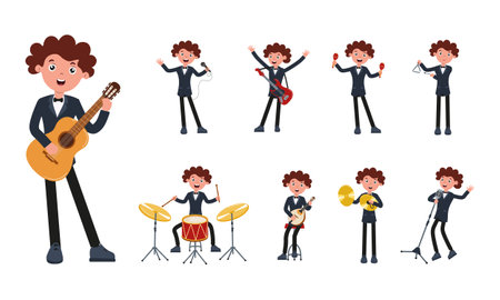 Young musician performs various instruments in vibrant animated styleのイラスト素材