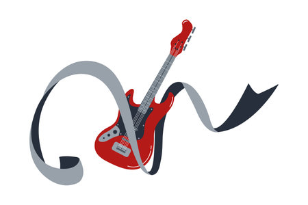 Creative illustration of a red guitar intertwined with ribbons in a dynamic designのイラスト素材