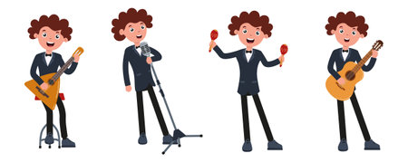 Young musician performing with various instruments at a lively event in the eveningのイラスト素材