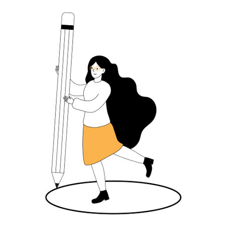 Young woman dancing with a giant pencil in a creative and cheerful atmosphereのイラスト素材