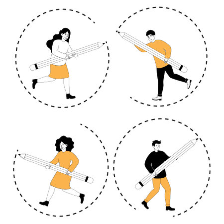 Creative individuals running with oversized pencils in a playful artistic illustrationのイラスト素材