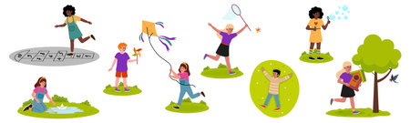 Children enjoying various outdoor activities in a playful park setting during a sunny dayのイラスト素材