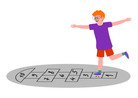 Boy playing hopscotch in a sunny playground with colorful markings and cheerful expressionのイラスト素材
