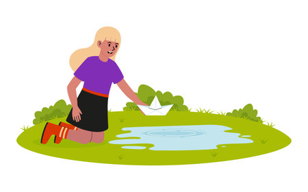 Child enjoying a sunny day while sailing a paper boat in a small puddle on the grassのイラスト素材