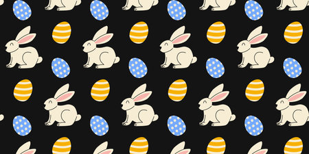Colorful bunny and egg pattern on a dark background perfect for festive celebrationsのイラスト素材