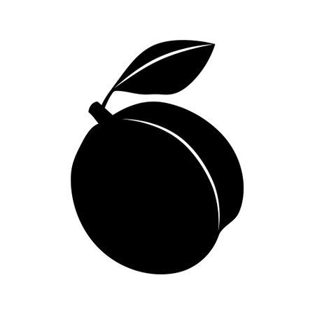 Black silhouette of a peach with a leaf on a white background showing its natural shapeのイラスト素材