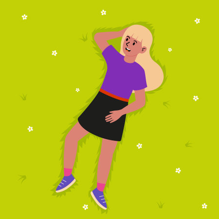 Girl enjoying a sunny afternoon while lying on fresh grass in a parkのイラスト素材