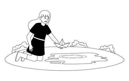 Girl playing with a paper boat in a puddle during a sunny day in a parkのイラスト素材