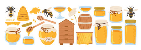 Diverse honey products and bees in an illustrated layout showcasing sweetness and natureのイラスト素材