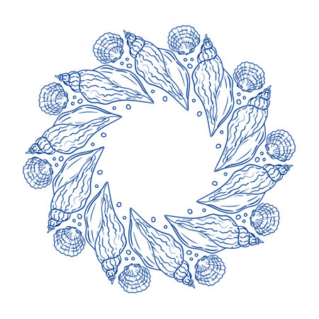 Decorative circular arrangement of seashells and sea urchins for coastal-themed designのイラスト素材