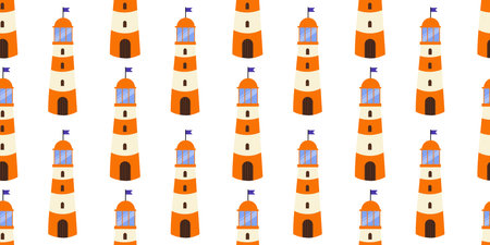 Vibrant lighthouse pattern illustrating coastal scenery in a playful design styleのイラスト素材