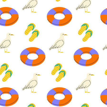 Pattern featuring swim rings, flip flops, and seagulls on a bright backgroundのイラスト素材