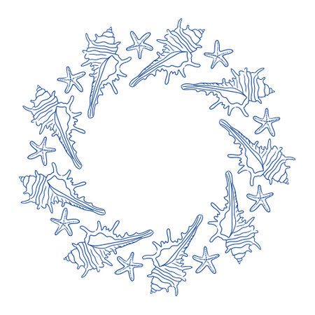 Decorative ocean-themed circle design featuring shells and starfish in a minimalist styleのイラスト素材