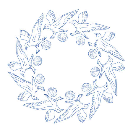 Circular pattern of flying birds and seashells in a minimalist designのイラスト素材