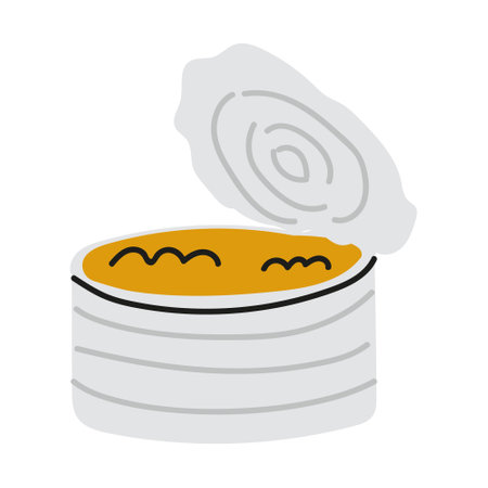 Open can of food with visible contents and lid resting on top during kitchen preparationのイラスト素材