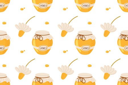 Colorful pattern of honey jars and flowers on a white backgroundのイラスト素材