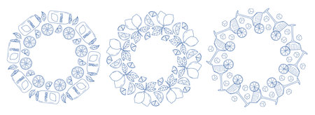 Decorative wreaths with lemon and beverage motifs for a summer celebrationのイラスト素材