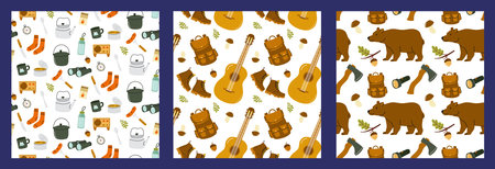 Colorful camping-themed patterns featuring nature elements and outdoor gearのイラスト素材