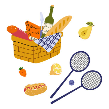Summer picnic basket with food, drinks, and sporting equipment outdoorsのイラスト素材