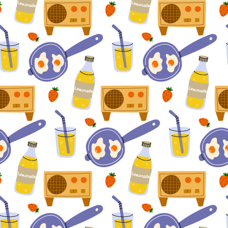Colorful kitchen pattern featuring lemonade, eggs, and a vintage radio in a cheerful arrangementのイラスト素材