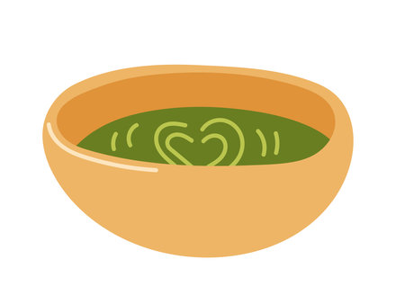 Warm green soup in a bowl with heart design on topのイラスト素材